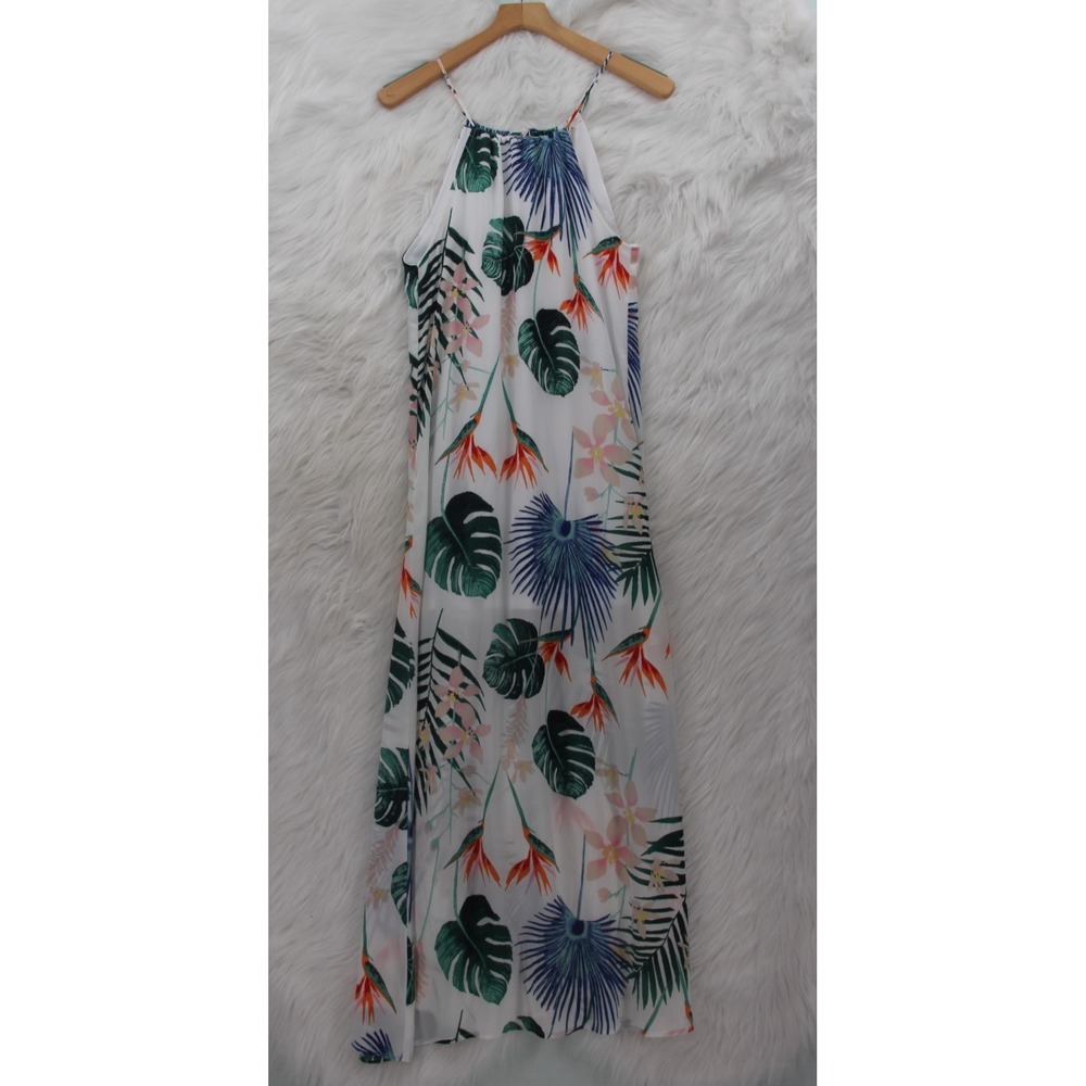 Caramela Tropical Print Halter Maxi Dress S Coconut Girl Resort  Lightweight